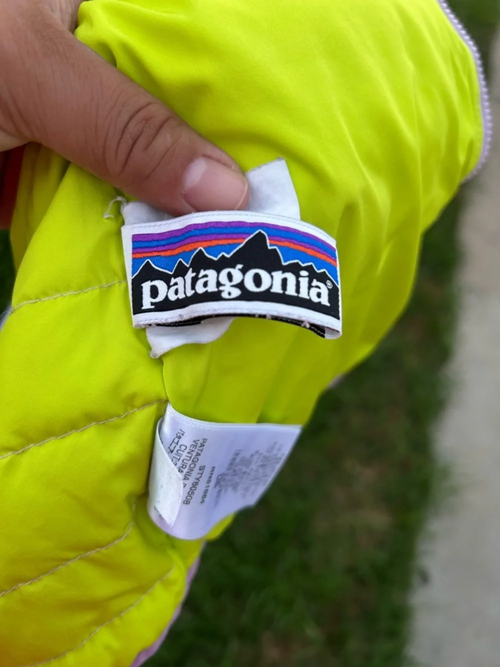 Patagonia Kids Light Purple Puffer Vest with Lime Accents
